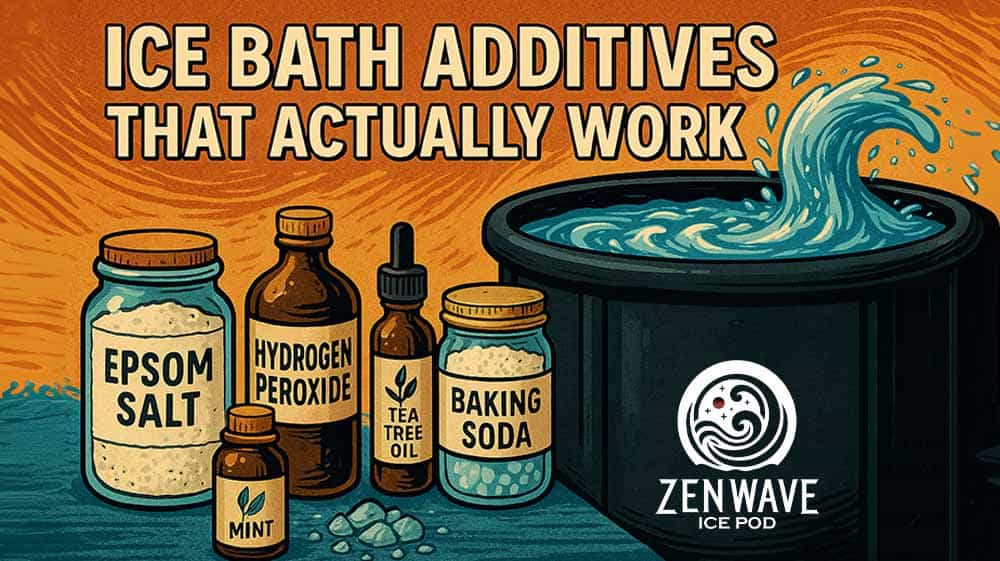 Additives for ice baths, like Epsom salt, hydrogen peroxide, and tea tree oil sitting next to a zenwave cold plunge
