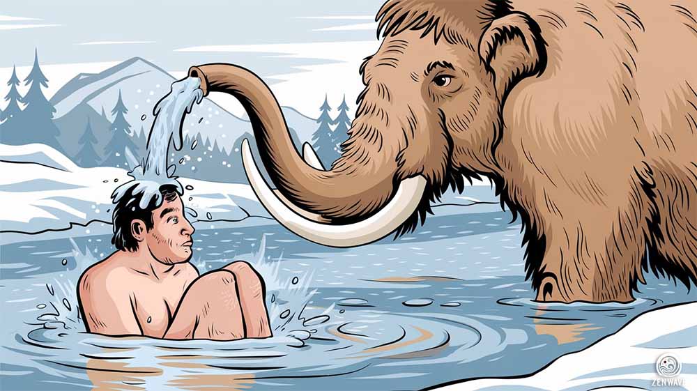 A Prehistoric man taking an ice bath in a river