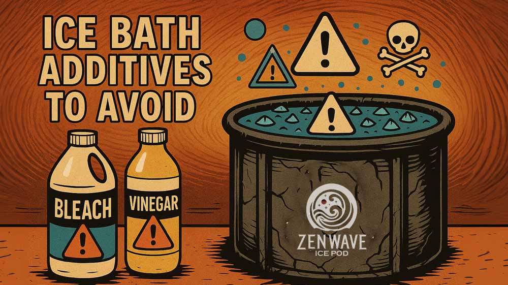 Unsafe ice bath additives lineup next to a large cold plunge tub