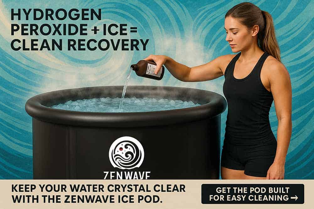 Woman pouring hydrogen peroxide into a ZenWave Ice Pod to keep ice bath water clean 
